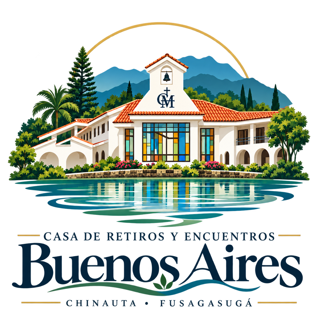Logo de la Casa Buenos Aires: capilla, montañas, jardines y agua